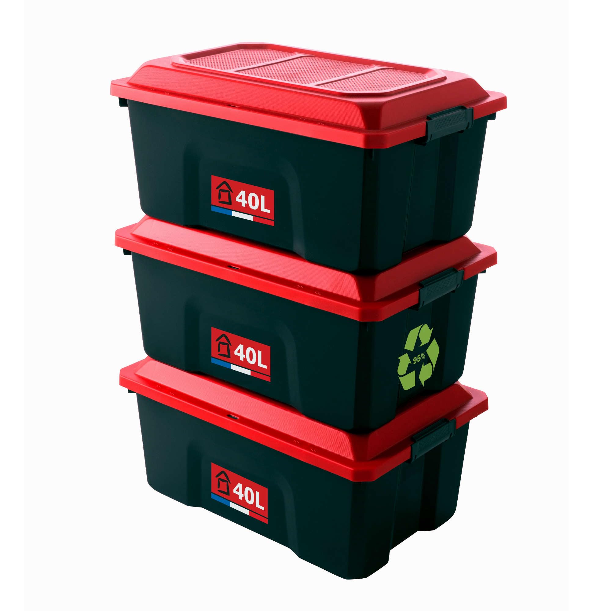 SUNDIS Locker, Set di 3 scatole di plastica da 40 Litri, con Coperchio a Clip, impilabile, Ideale per l'officina, Il Trasporto, Il Garage e Il Fai da Te