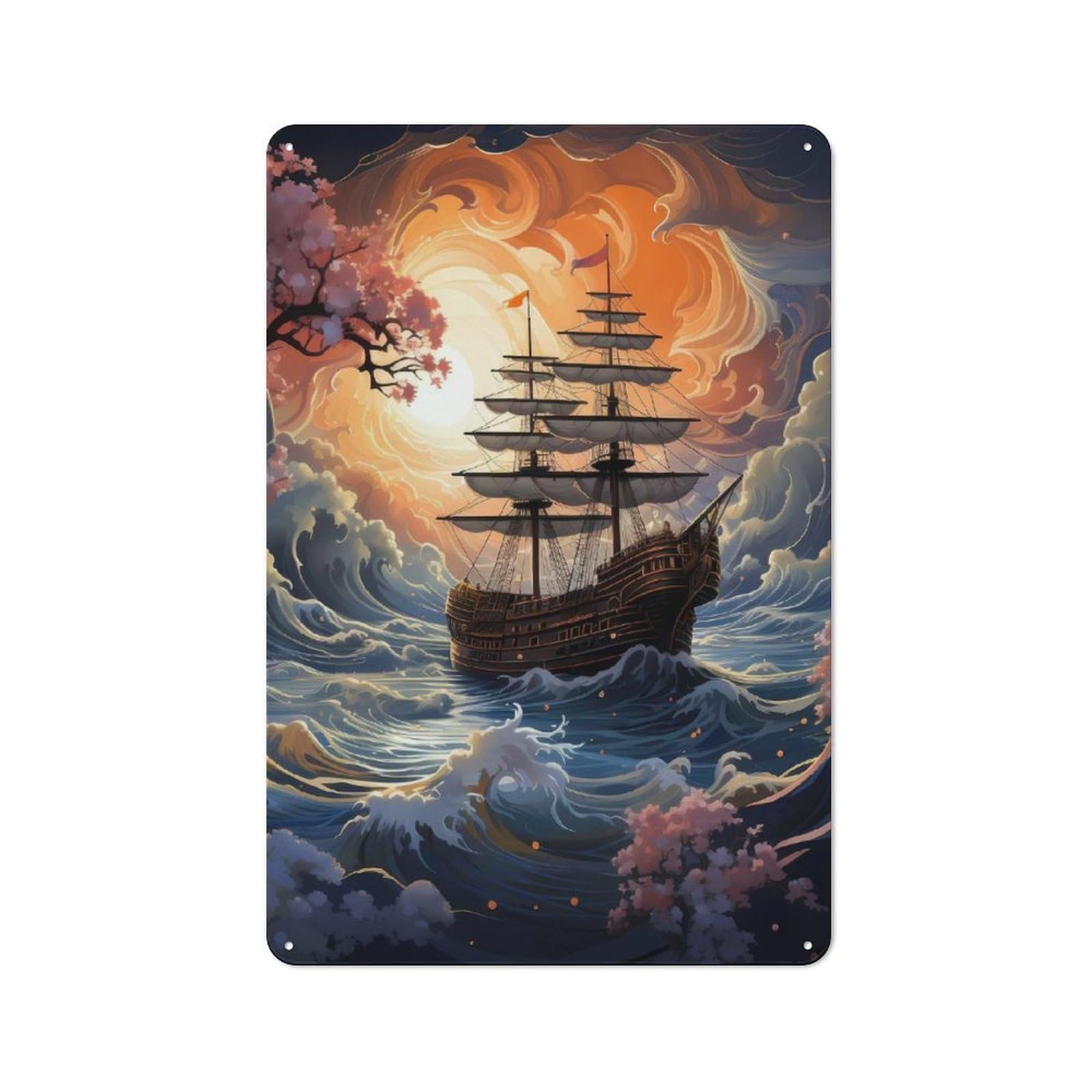 Cherry Blossom Pirate Ship Metal Wall Sign 30x20cm, Clean Industrial Loft Wall Plaque for Workspace, Cafe, Hallway Or Garage