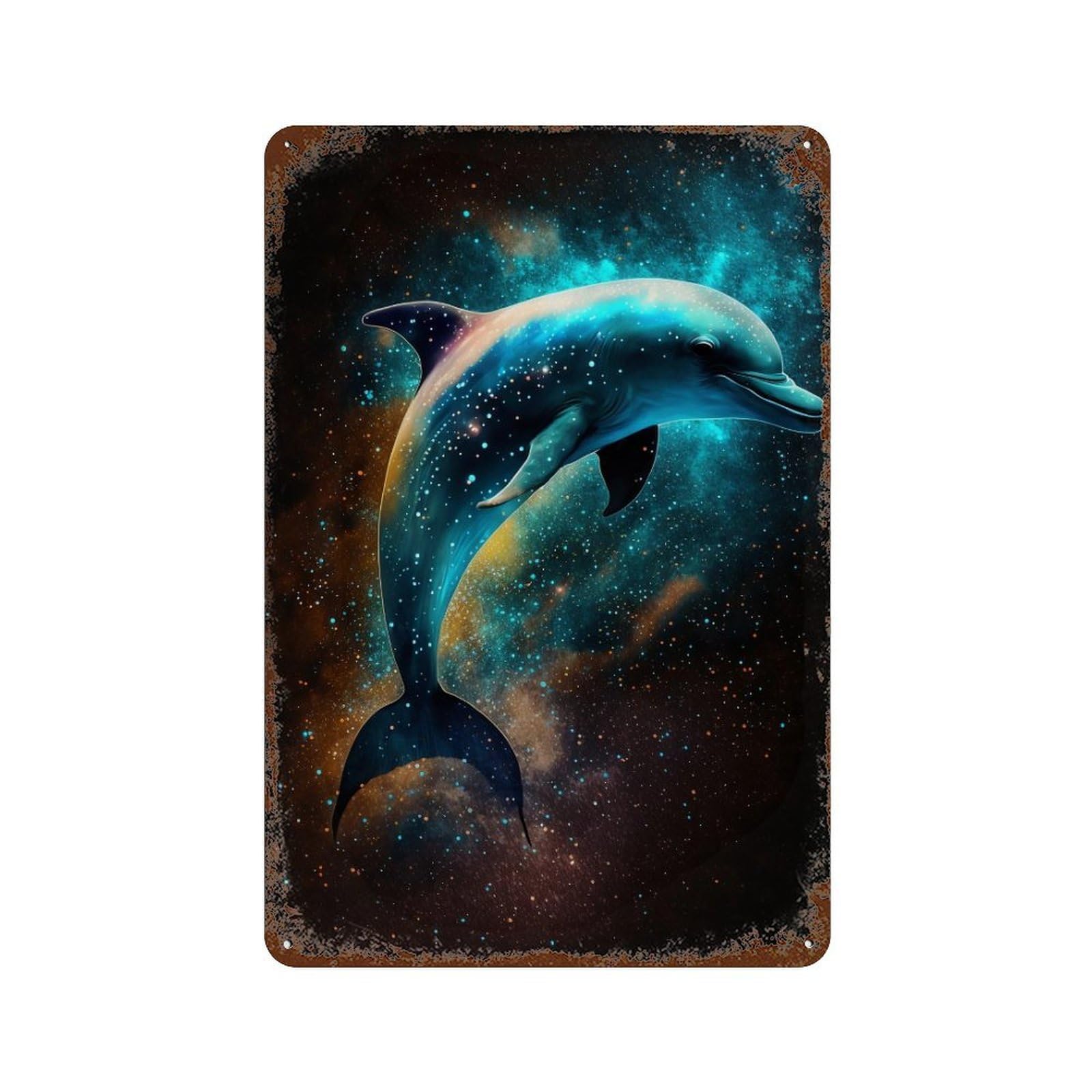 Rust Effect Cosmic Dolphin Art Print-10 Vintage Rust Metal Sign 11.8"x7.9", Decorative Metal Wall Art for Shed, Workshop And Garage Wall Decor