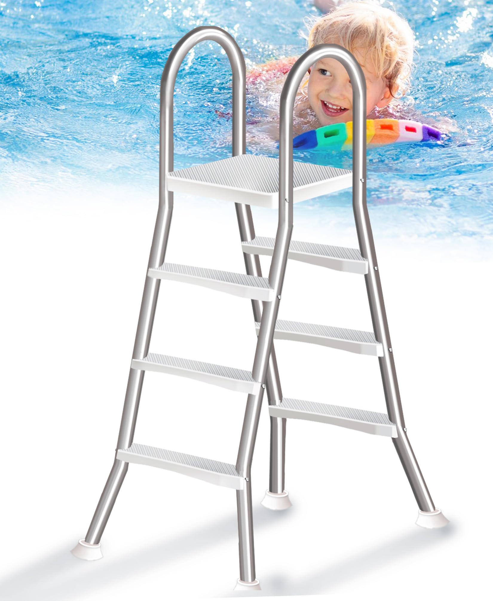 Escalera para Piscina Elevada 110 cm, Escalera Resistente de 3 Peldaños con Superficie Antideslizante, Doble Barandilla, Escalera de Acero para Piscina,110cm