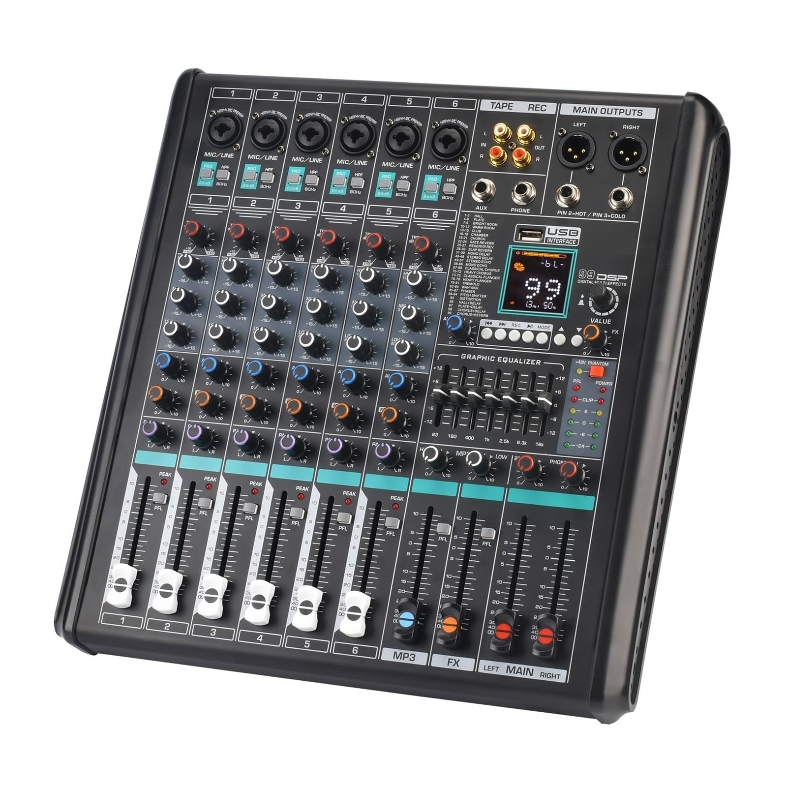 Audiomixer, 6 Mono-Kanal-Mischpult-Monitor Low Cut 99 DSP-Effekt-PAD Audio-Sound-Mixer 7-Band-EQ USB-Aufnahme für Studio-Karaoke