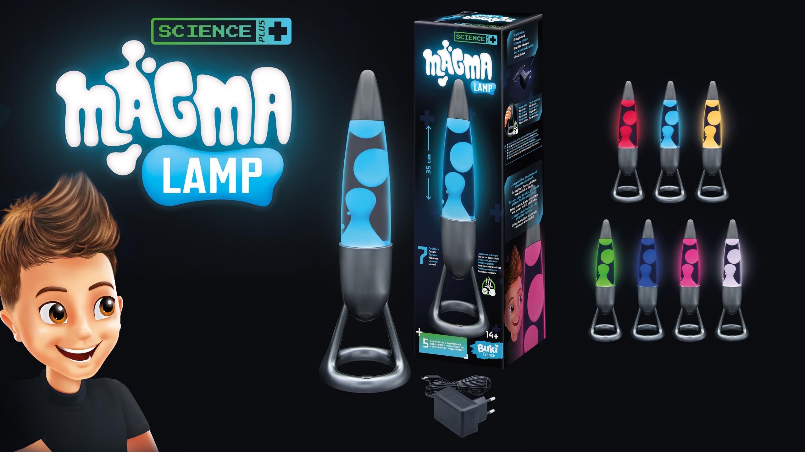BUKI France - Bezpieczna lampa Magma 35 cm z 7-kolorowym oświetleniem LED - bezpieczna metalowa podstawa - nie pali się - cykl automatyczny, dekoracja pokoju nastrojowego - zasilanie sieciowe - od 14