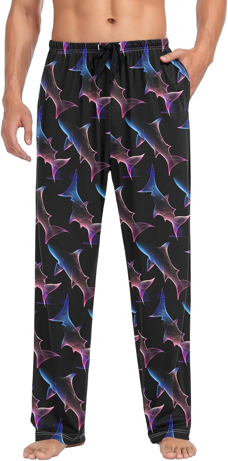 ALAZA Neon Shark Print Men's Pajama Pants Men Cotton Pajama Bottoms with Pockets, S