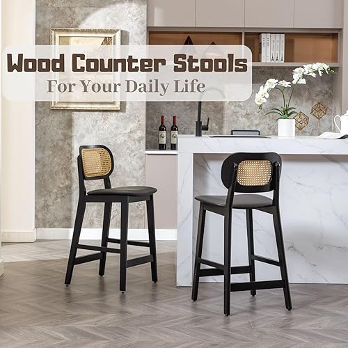 Miniatura 9 de Juego de 2 taburetes de bar de ratán de piel sintética negra, taburetes de bar tapizados de 26 pulgadas, sillas de isla de cocina de madera negra