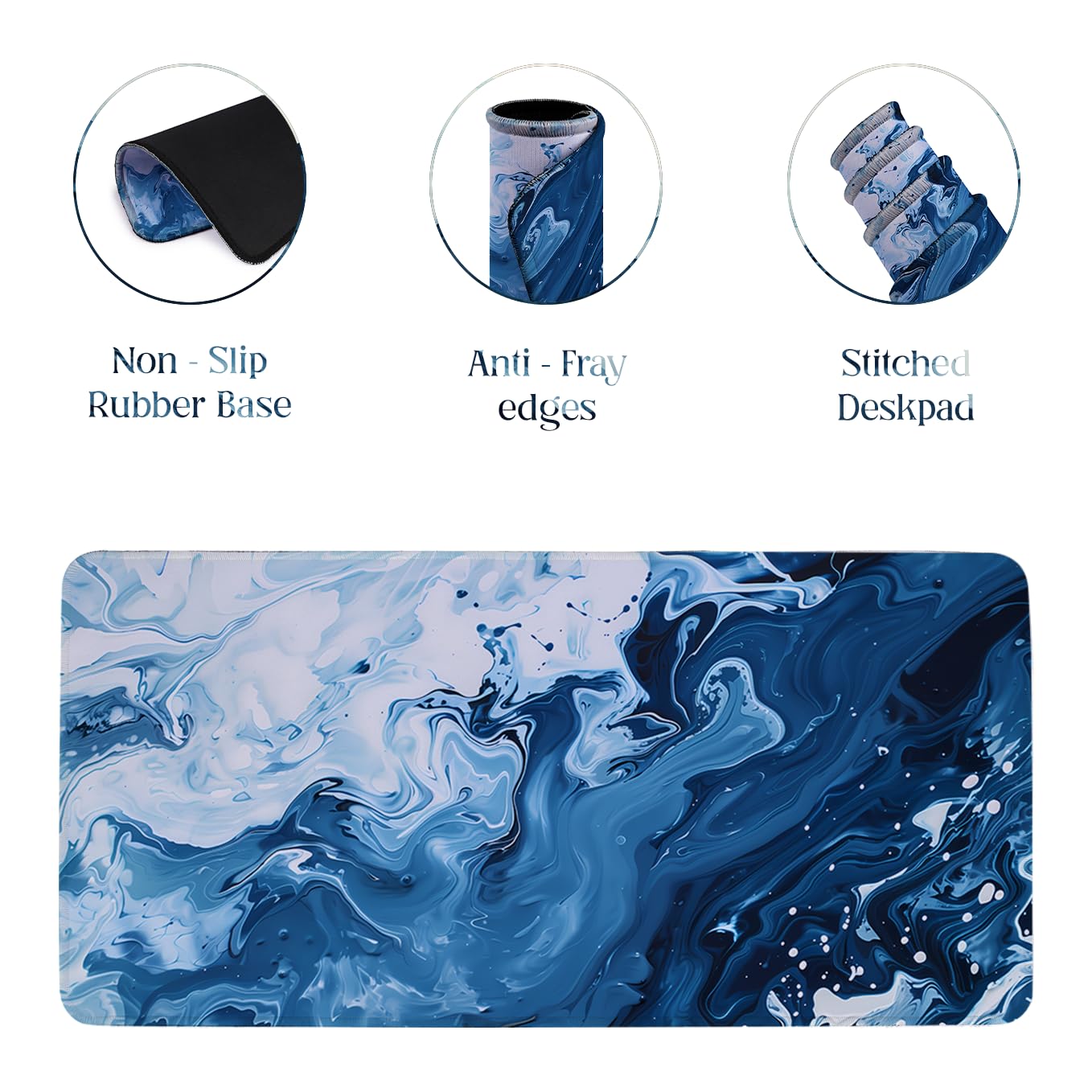 SoulAbiti Sapphire Swirl Stitched Edges Desk Mat - Blue Marble Design Mouse Pad - Large Gaming 23.6x11 inch Mousepad - Non-Slip, Anti Fray, Computer Laptop Office Décor 3