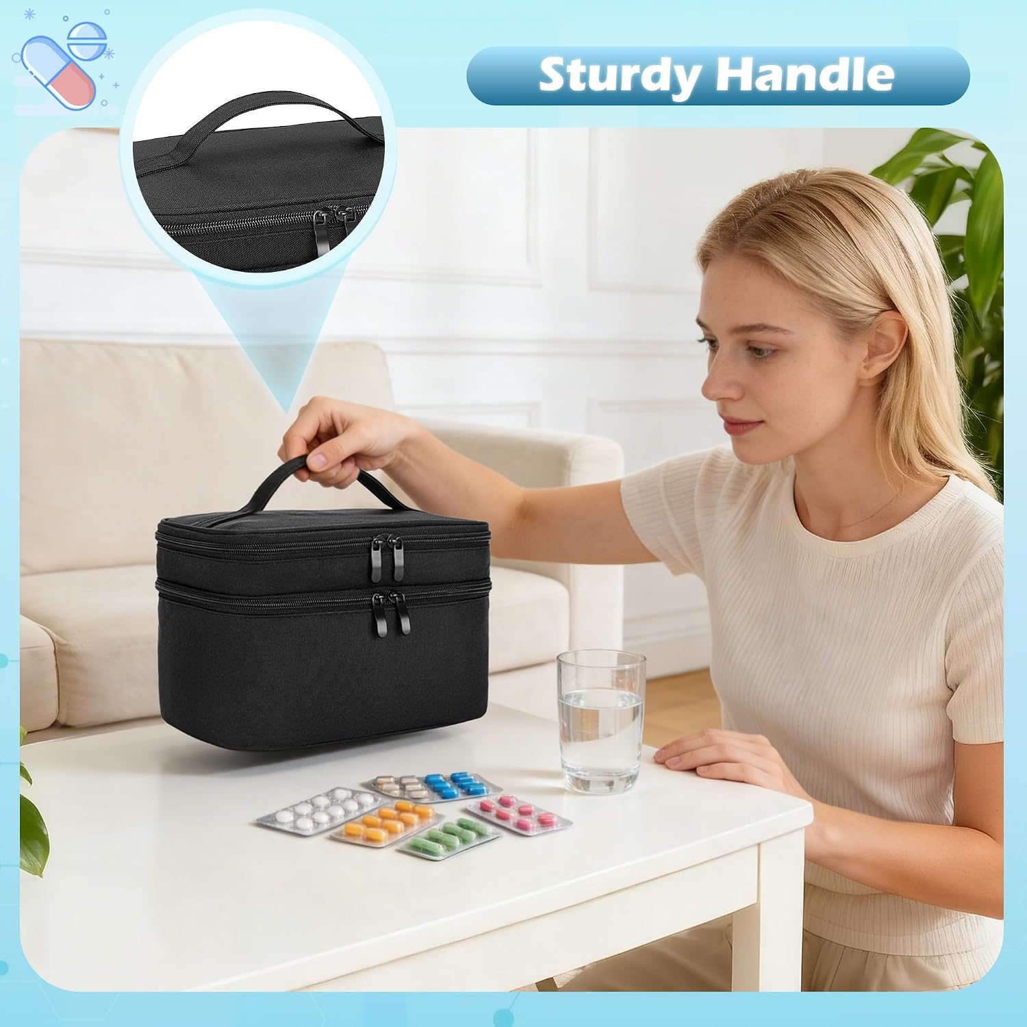 BAFASO Double Layer Pill Bottle Organizer, Insulated Medicine Organizer Bag with Attachable Dividers for Medication and First Aid Kits (Bag ONLY), Black