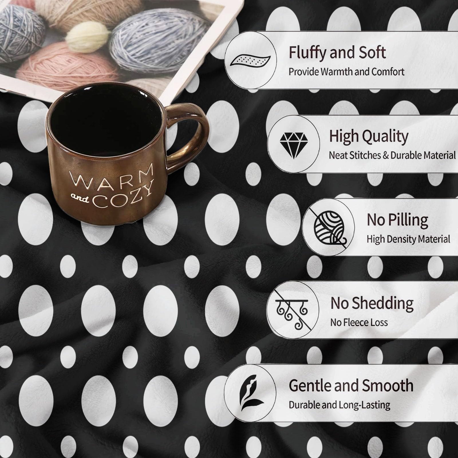 Manta de Franela Puntos Simples para Mujeres y Hombres, Manta de Felpa de Franela Suave para sofá Cama, decoración de habitación Infantil 200 x 220 cm Blanco Negro