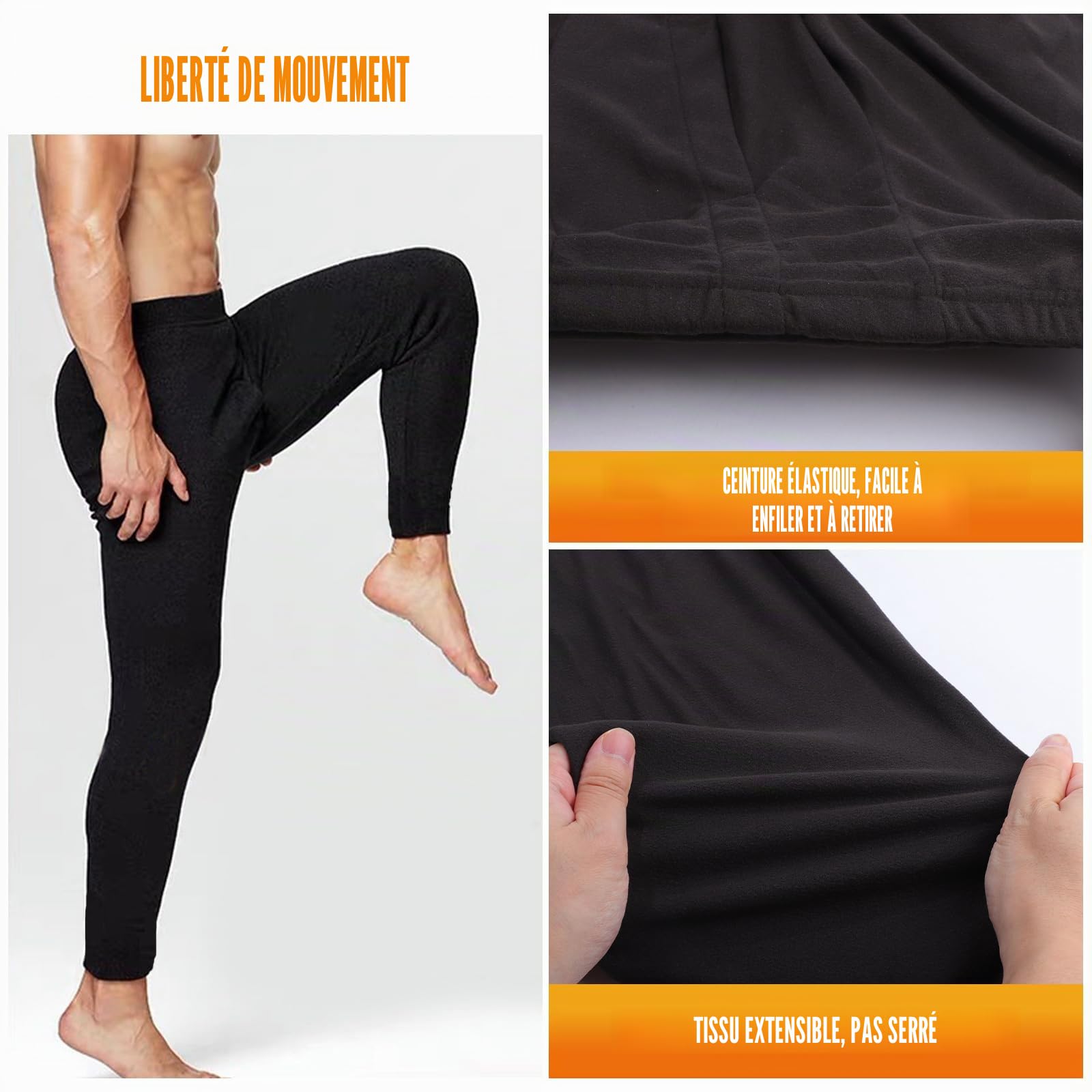 Caleçon long pour homme, en polaire, thermique, sous-vêtement thermique, long, pantalon thermique pour l'hiver