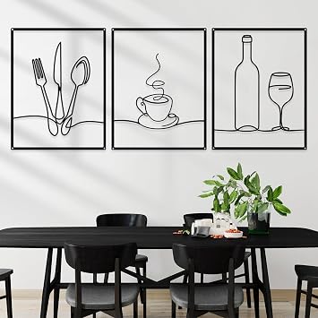 Otoolling 3 Pieces Metal Minimalist Line Kitchen Signs Wall Decor Drawing Rustic Kitchen Wall Art for Dining Living Room Home, 14 x 11 InchesDining Room,Black