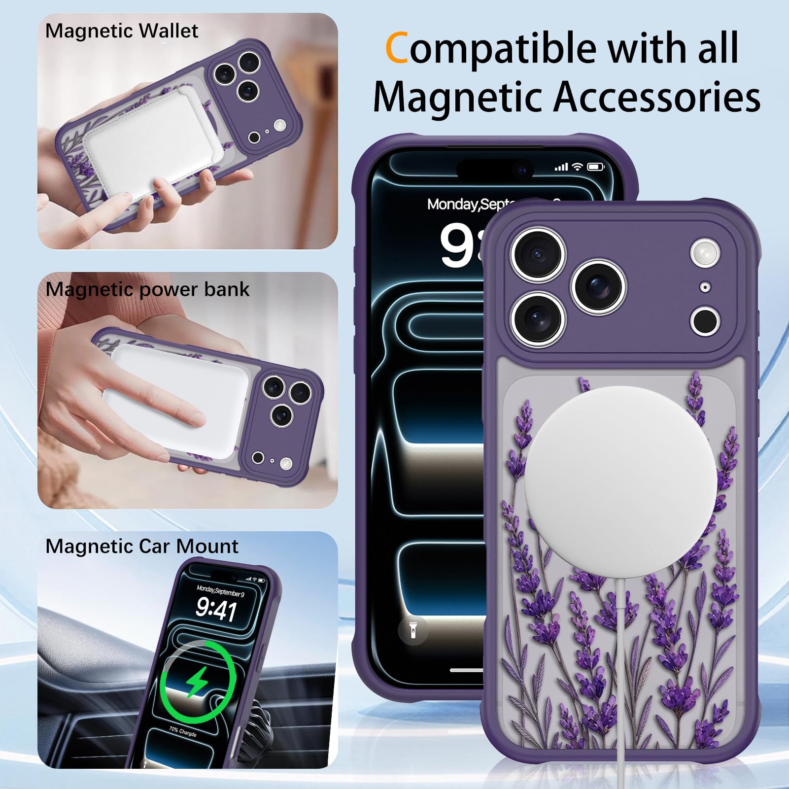 Coque magnétique conçue pour iPhone 17 Pro, motif floral violet