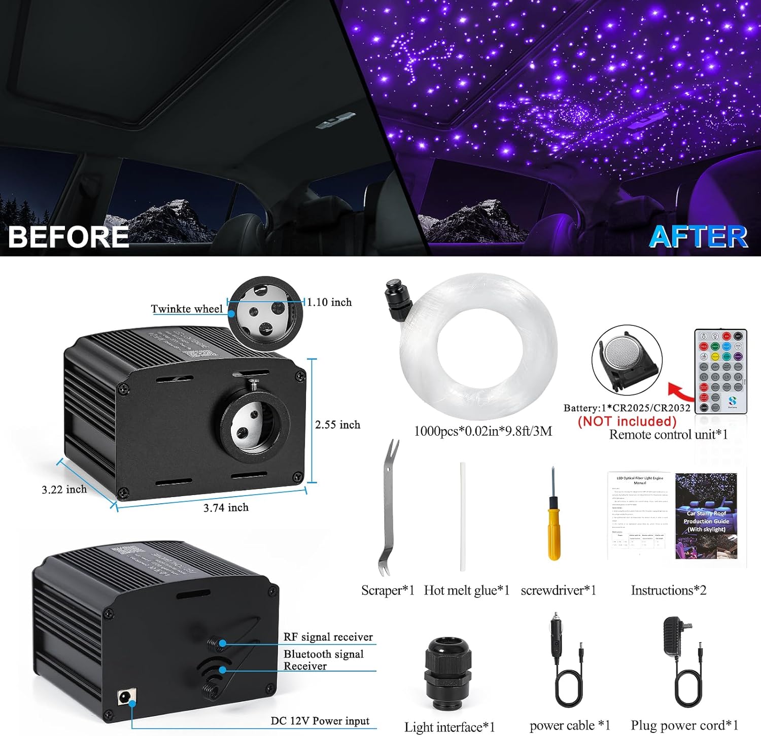 Car Starlight Headliner Kit, Twinkle & Sound Activated RGBW 16W 1000pcs*0.02in*9.8ft Fiber Optic Starlight Kit with APP& Remote Controlled, Star Lights for Ceiling Car Roof/Home Decor