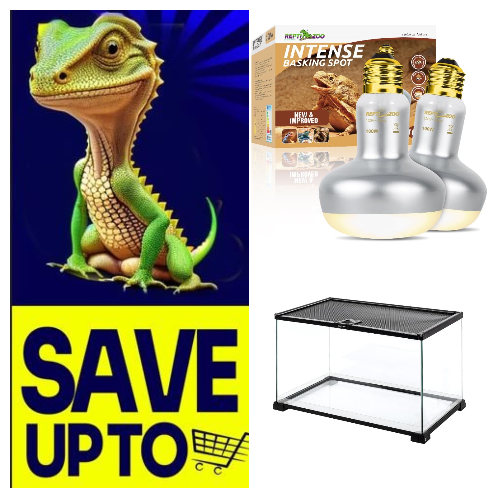 REPTI ZOO 2 Pack Heat Lamp 100W with Reptile Tank