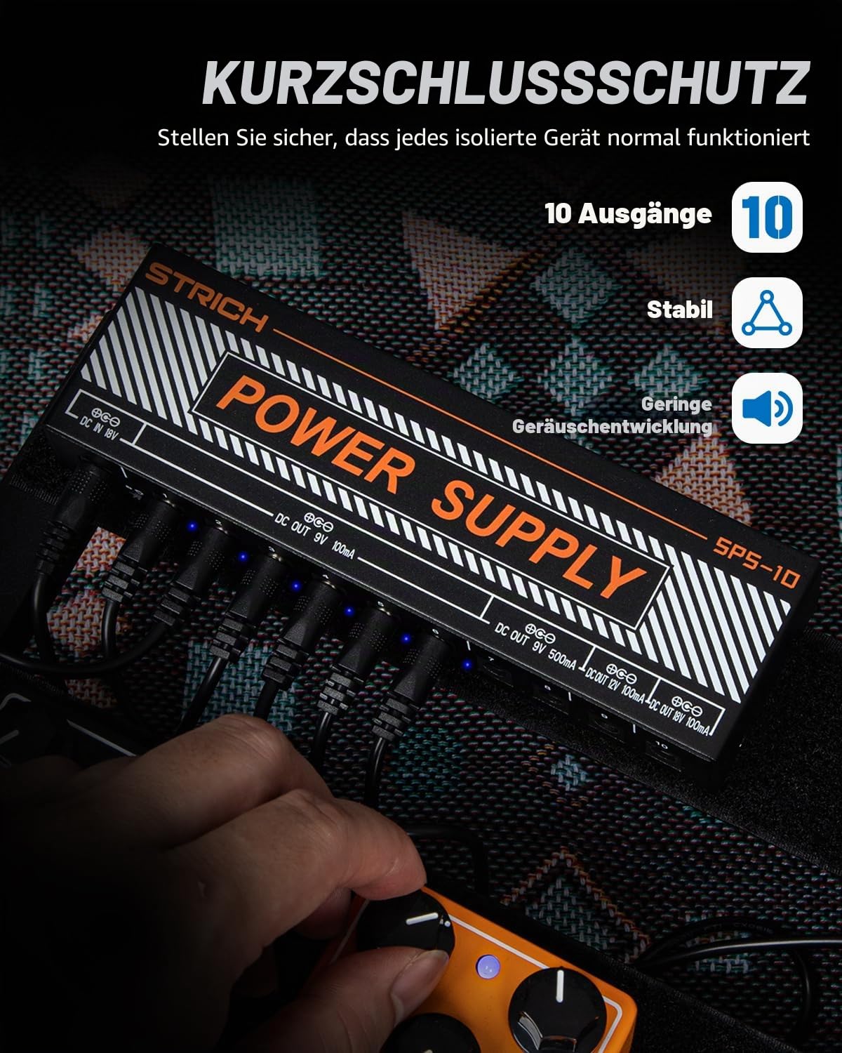 STRICH SPS-10 Gitarrenpedal-Netzteil, 10 Isolierte DC Ausgänge für 9V/12V/18V Gitarre Bass Effektpedale, 100mA 500mA Pedalboard-Netzteil mit Kurzschlussschutz