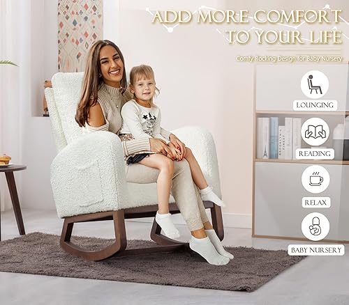 Miniatura 6 de KINFFICT Comfy - Silla mecedora tapizada para guardería o relajación, sillón de sala de estar con respaldo alto, mecedora moderna con bolsillo