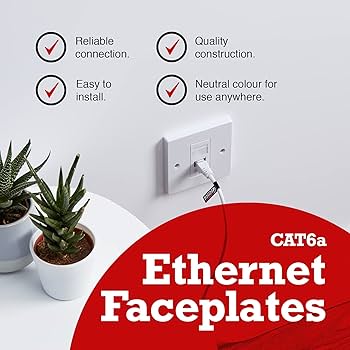 Rhinocables Ethernet Faceplate Single & Double Socket RJ45 Network Face Wall Plate Various CAT5e CAT6 CAT6A Gigabit 1 2 4 Port (4 Port, CAT6