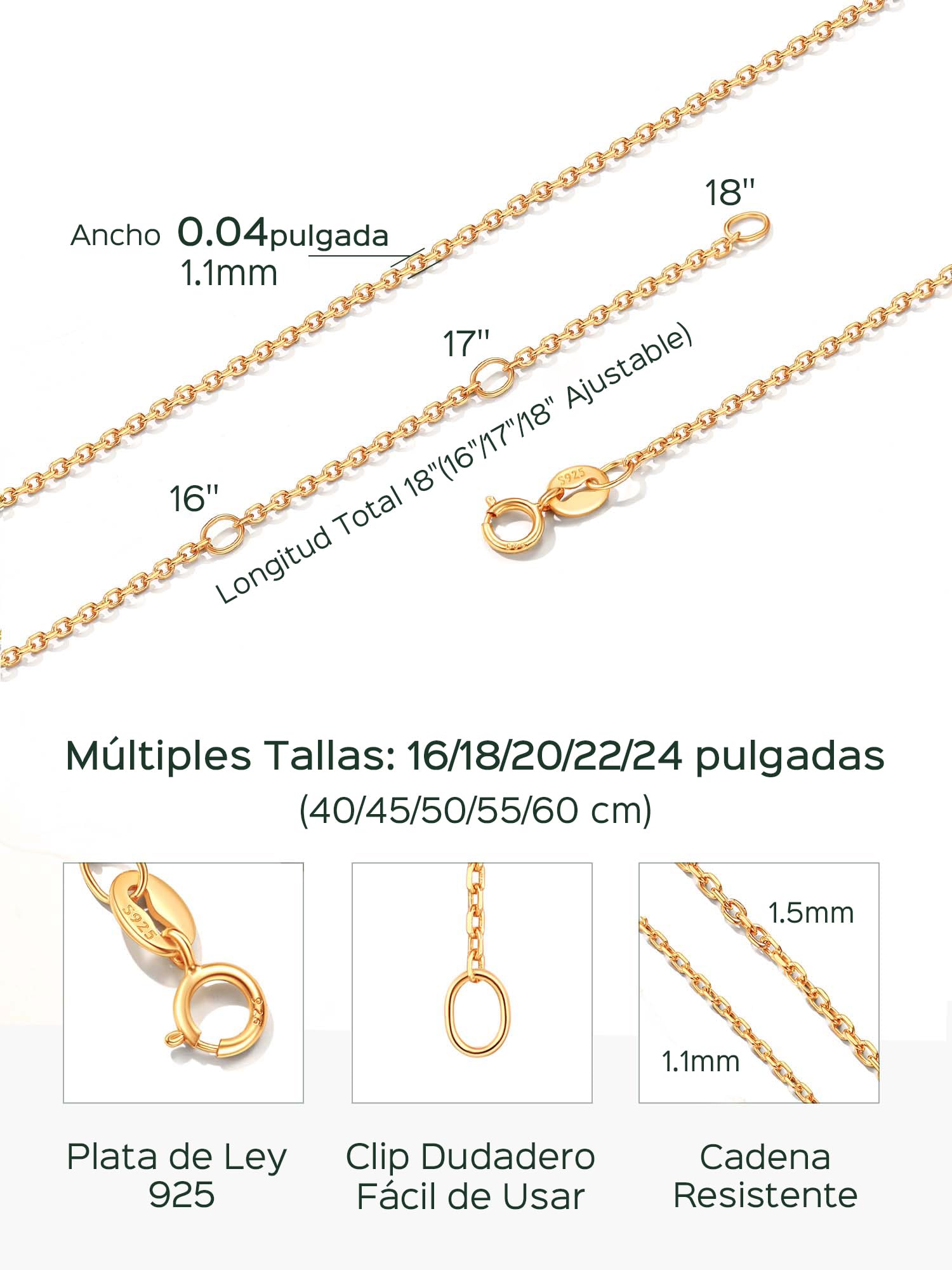 ChicSilver 2PC Cadenas Finas Mujer Plata de Ley 925 1.1mm 45cm Collar Minimalista