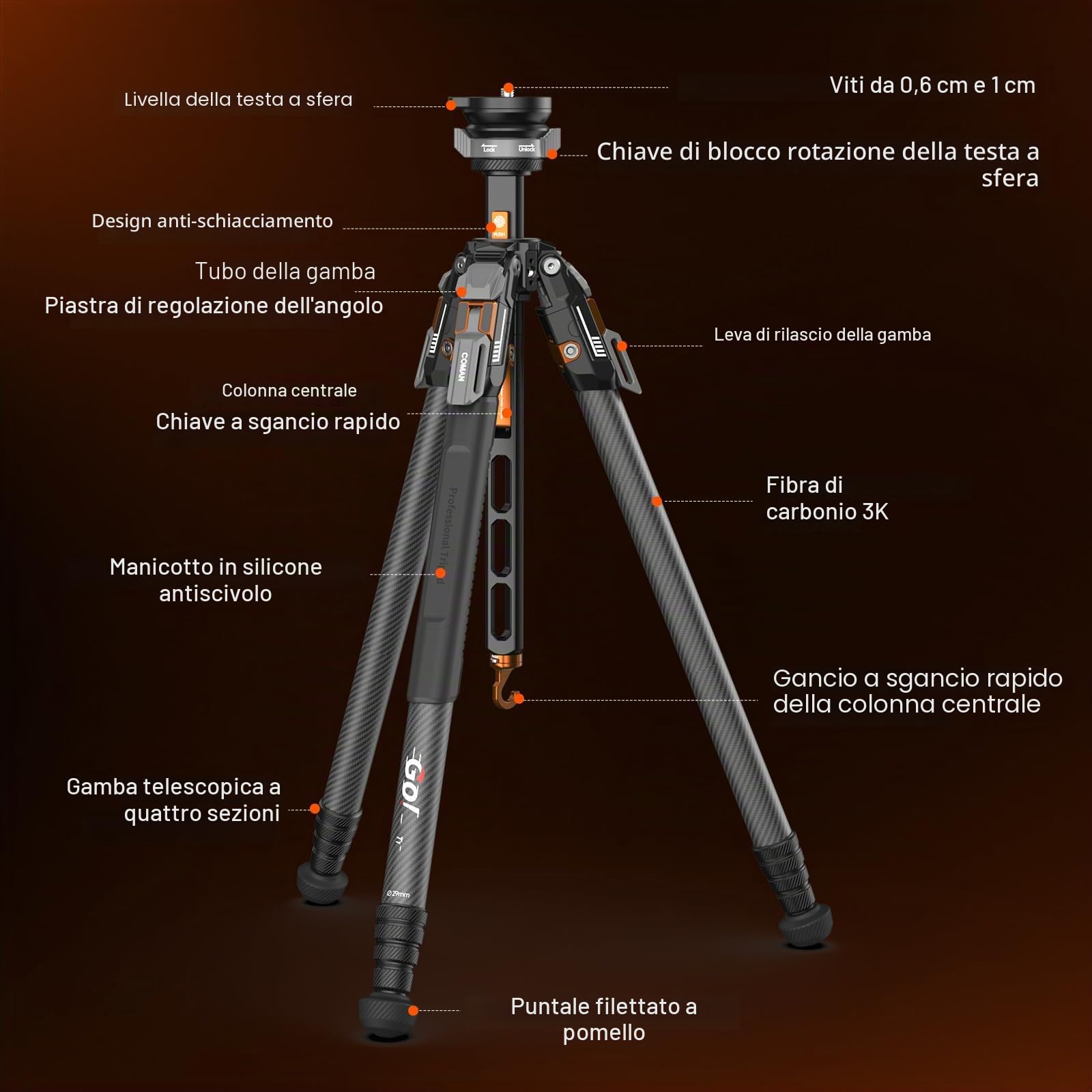 COMAN Treppiede in fibra di carbonio completamente aperto One-Click, treppiede video professionale, testa a sfera per livellamento rapido, altezza massima 165cm, capacità di carico massima 20kg (T1S)