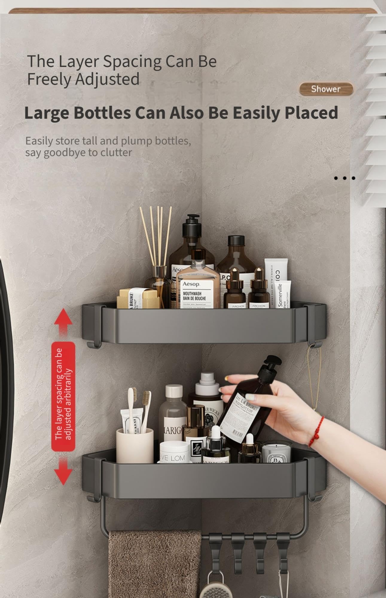 Mensola Da Bagno Montata A Parete Senza Trapano, Portaoggetti Da Doccia In Acciaio Al Carbonio Con Ganci E Portasciugamani, Scaffale Da Parete Antiruggine For La Cucina Del Bagno(F)