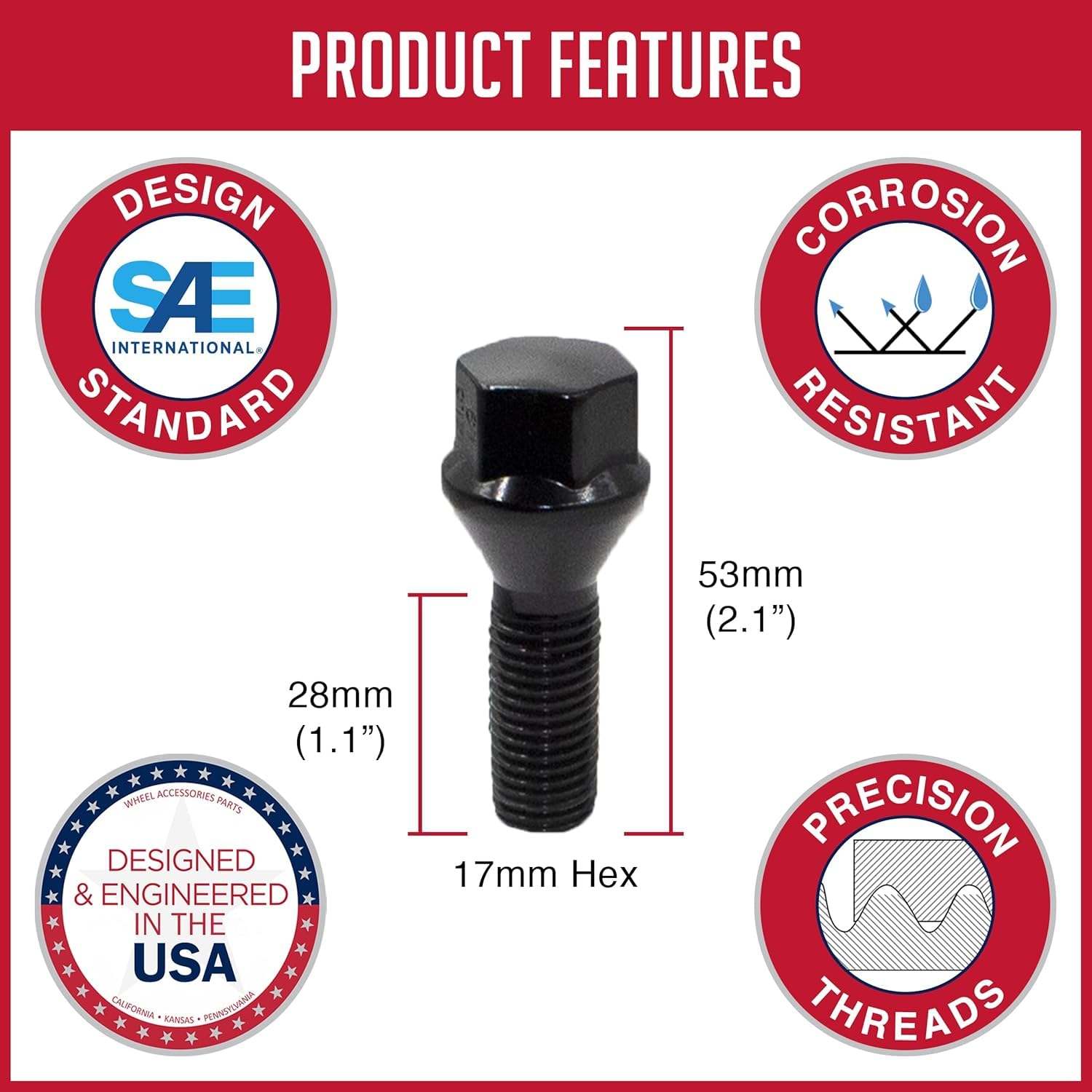 Black Lug Nut Bolt Set - 20 Pcs Lug Nut Set M12 x 1.25 12x1.25