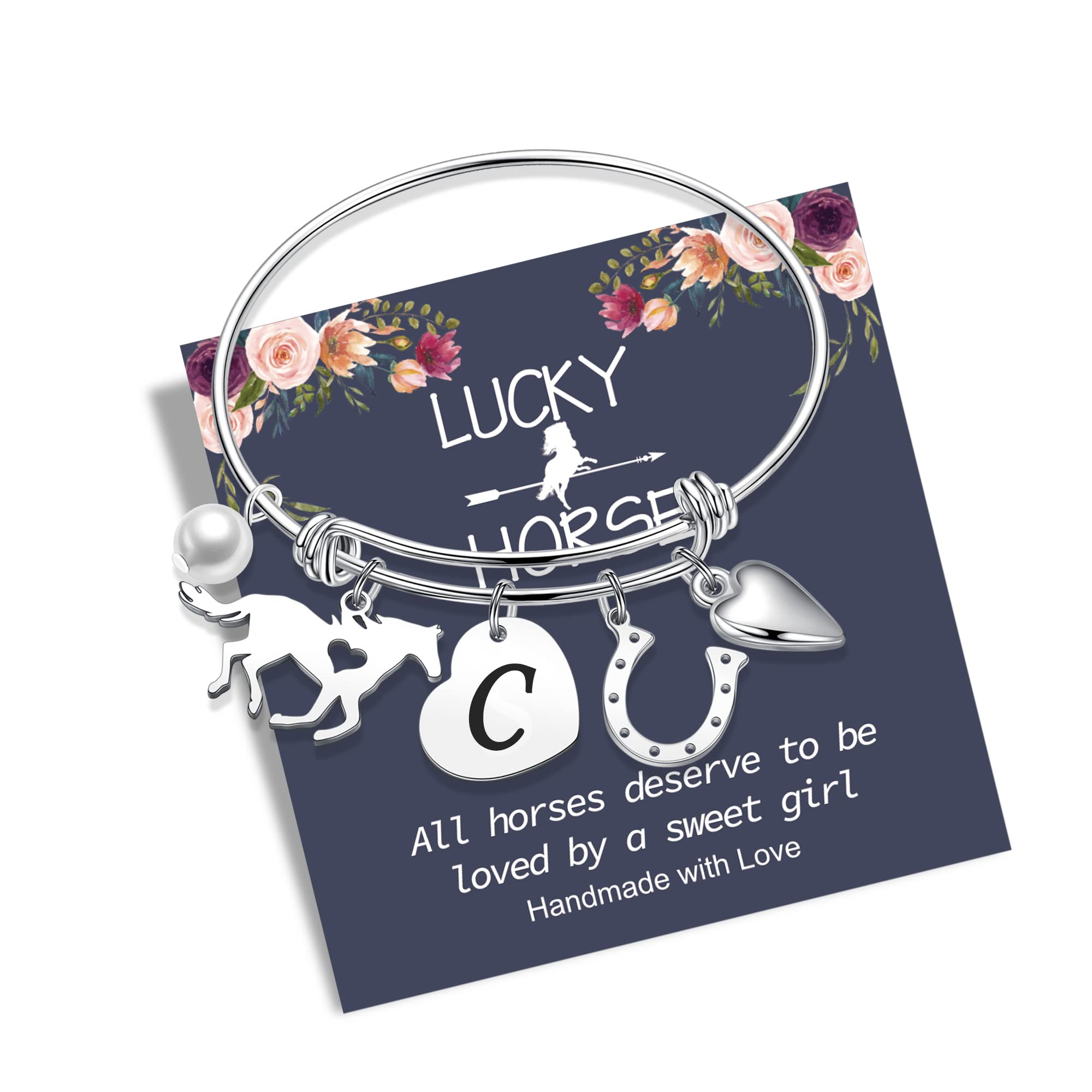 Anoup Horse Gifts for Girls Women Bracelet, Stainless Steel Horse Bracelet Engraved 26 Letters Initial Charm Bracelet Dainty Horse Jewelry Horse Gifts for Girls Kids Teens Horse Lovers