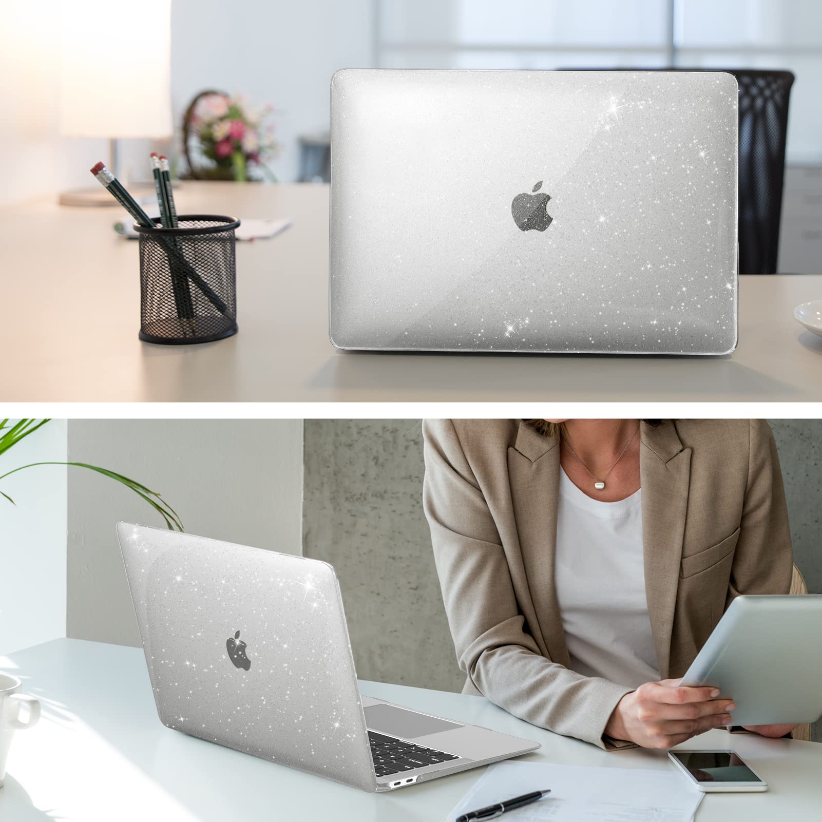 FINTIE Coque Compatible avec MacBook Air 13.6" M5 M4 M3 M2, Air 13.3" M1 | pour Modèle 2020/2019/2018, avec Film de Clavier & Protection d'écran, Etui Fin en Plastique Dur, Transparent Paillette