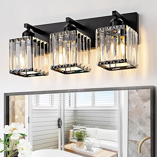 Lámpara negra para tocador de baño, 3 luces, lámpara de pared de baño de cristal, luz moderna sobre espejo (excluye la bombilla)