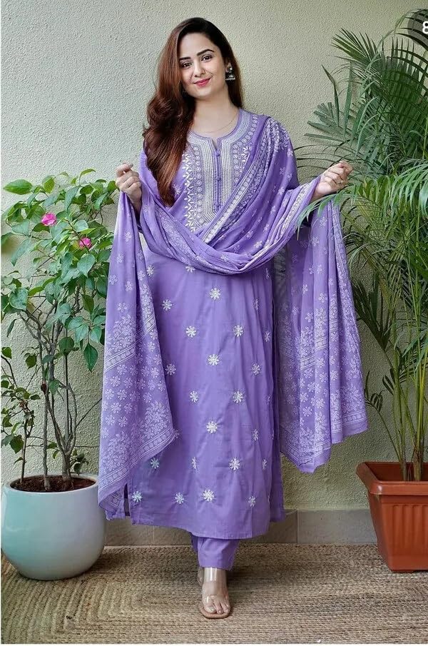 Image of Shiv Textiles Cotton Blend Solid Regular Kurta Sets for Women (JDA-EVA-Purple-XL