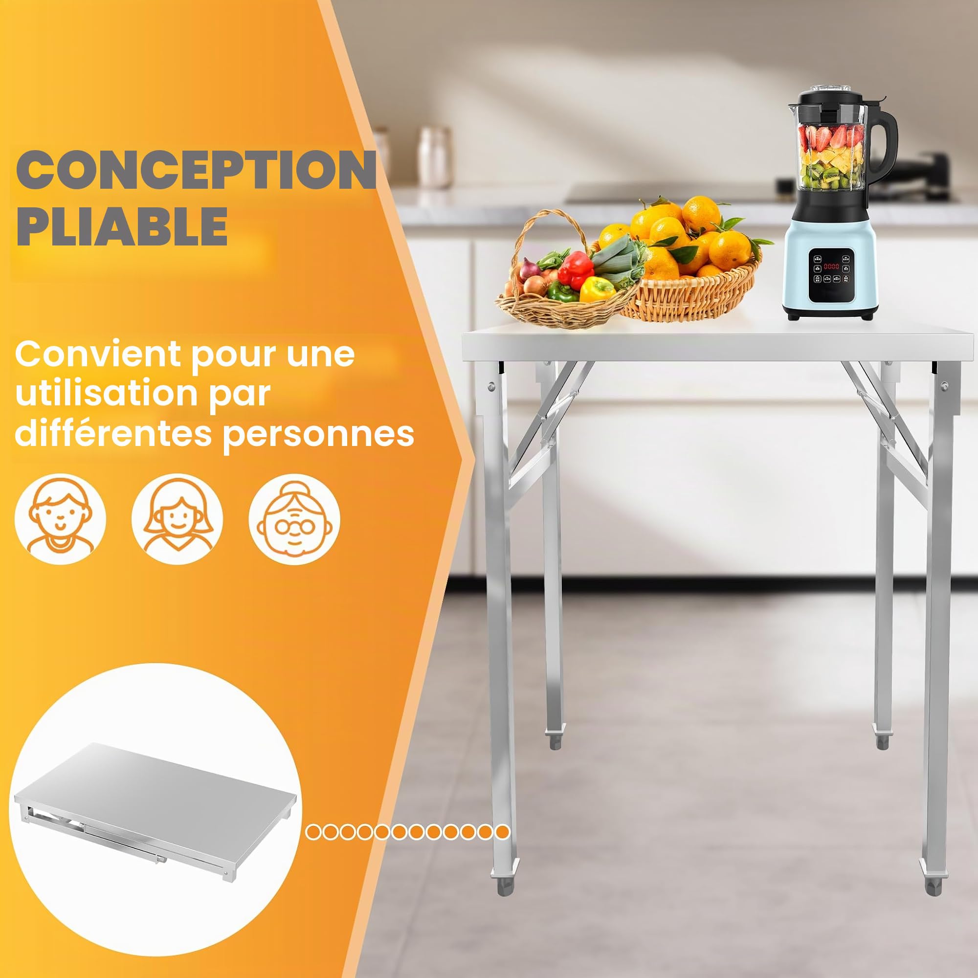 UISEBRT Table pliante en acier inoxydable avec capacité de charge de 300 kg et pieds réglables - Table de travail pliable pour restauration, cuisine, bar, restaurant, 120 x 60 x 85 cm
