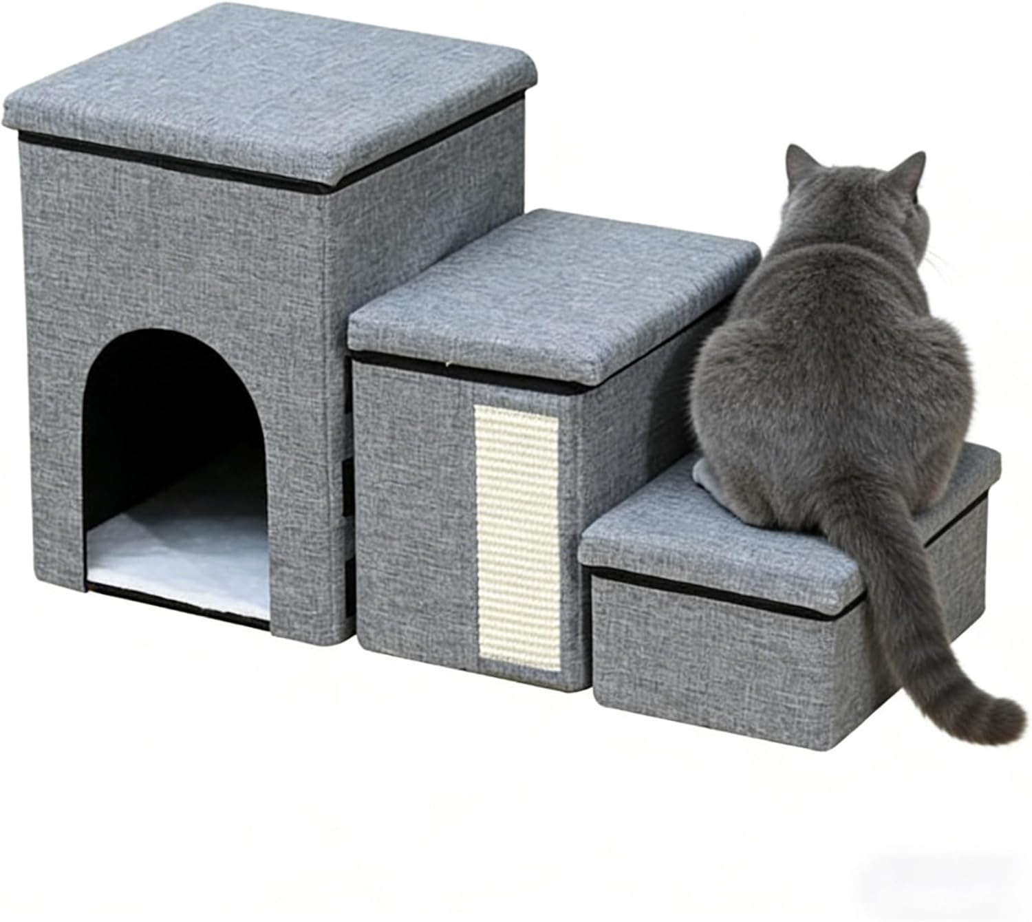 Cat Stairs with Storage, 3 Step Pet Stairs with Condo Bed and Scratching Post for Small Cats and Dogs, Indoor Steps for High Bed