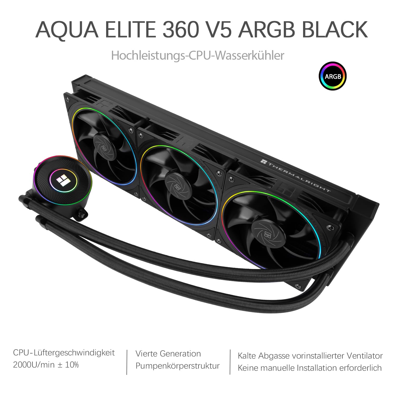 TR-Thermalright AQUA ELITE 360 V5 ARGB - Refrigeratore liquido per CPU, 360 mm, 3 ventole PWM - ARGB - 2000 giri/min, per AM4/AM5, Intel LGA1851/1700/115x/1200 (Nero)