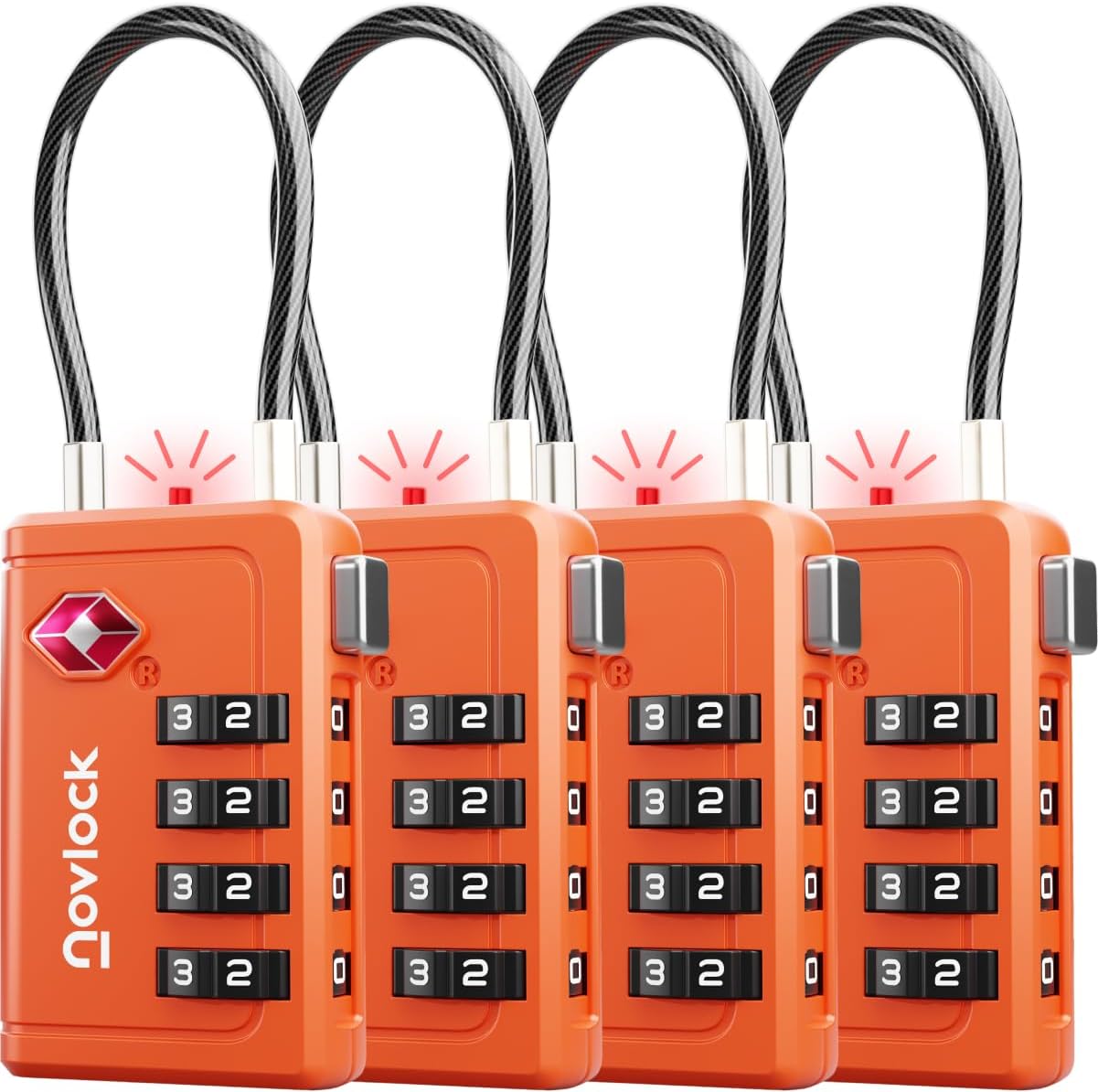 TSA 4 Digit Padlock with Opening Indicator – Suitcase, Cabin Luggage, Backpack – Airplane Travel Accepted – 4 Pack, Orange