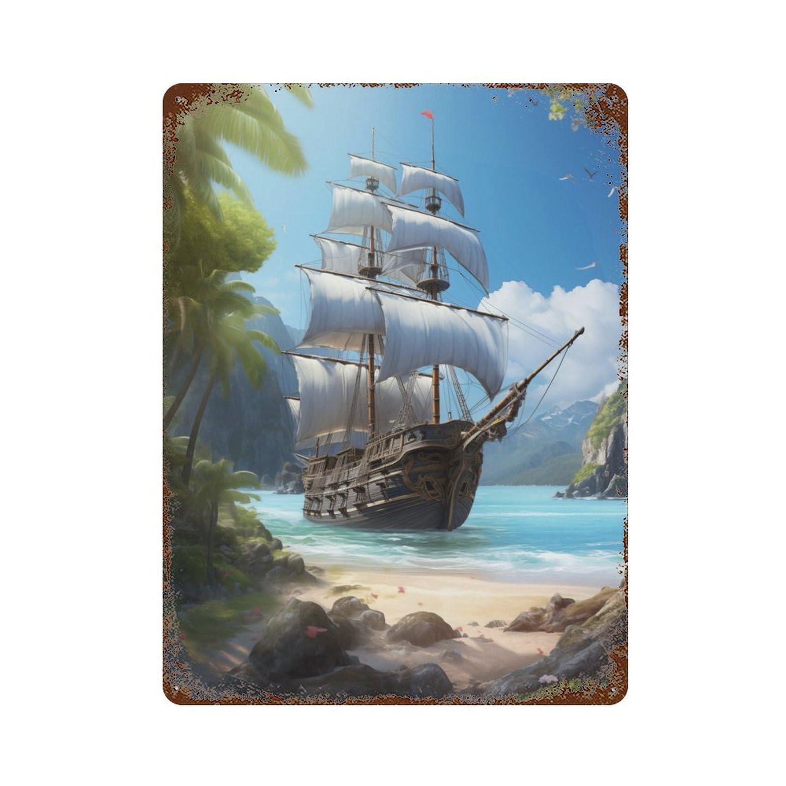 Garage Style Fantasy Pirate Ship Aged Metal Wall Plaque 15.7"x11.8", Farmhouse Wall Decor for Bar And Workshop