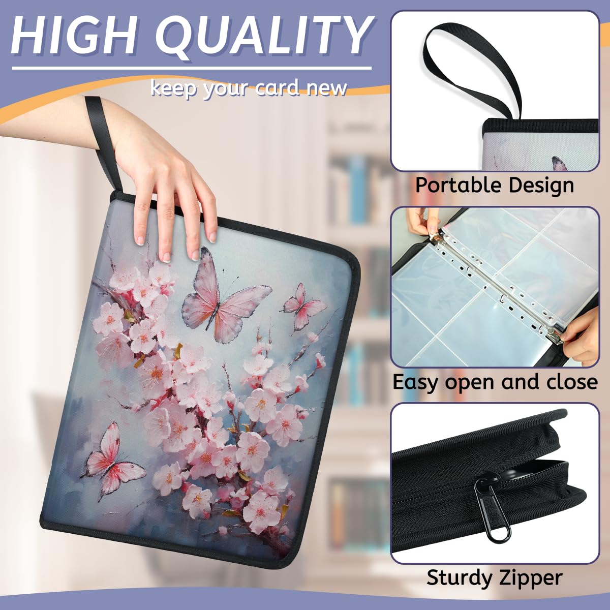 Raccoglitore per carte collezionabili con 4 tasche, rosa, farfalla e fiori, raccoglitore per carte dipinte con fiori di ciliegio, con maniche rimovibili, impermeabile, con cerniera, 50 pagine