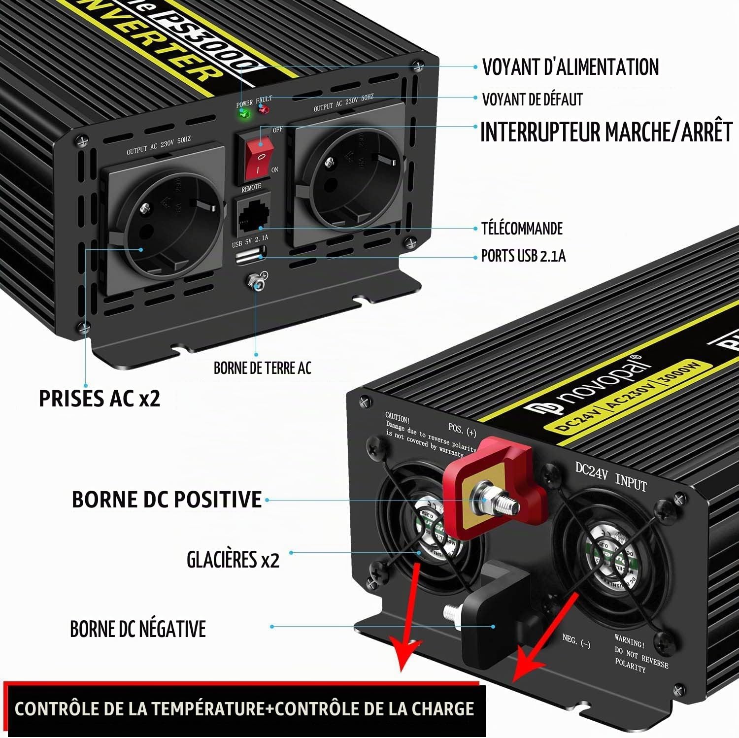NOVOPAL 3000W Convertisseur Pur Sinus 24V 220V Onduleur Transformateur
