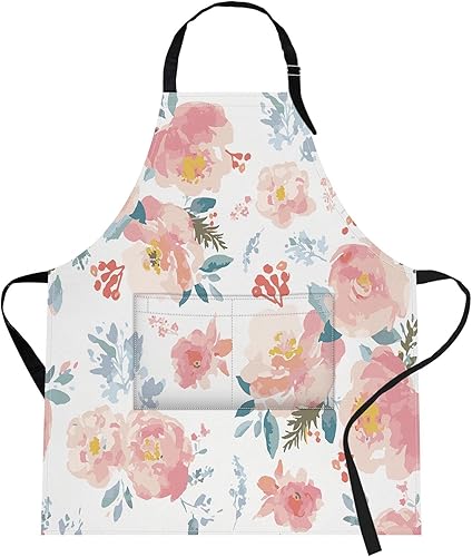 Miniatura 7 de Britimes Delantal de cocina para el hogar, cocina, horneado, jardinería para mujeres y hombres con bolsillos, girasoles a rayas, flores blancas y