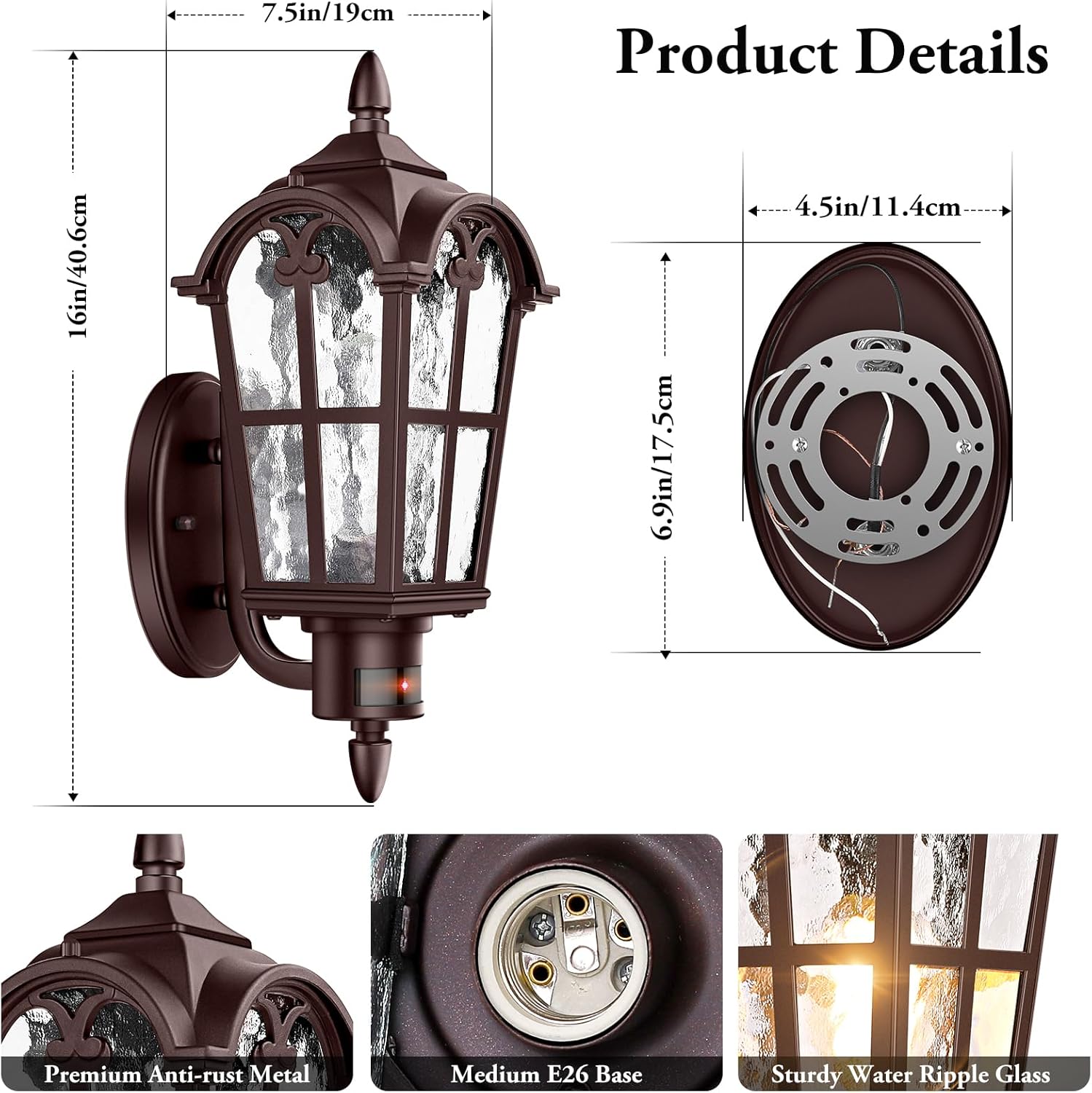 16in 2-Pack Large Motion Sensor Outdoor Wall Lights, Dusk to Dawn Porch Lights Wall Mount, Vintage Exterior Light Fixtures Sconces Lighting, Brown Wall Lanterns Outside Lights for House Front Door