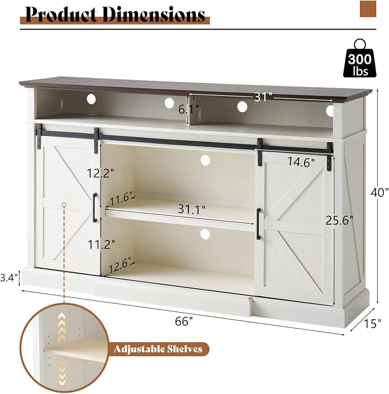 AMERLIFE 66" W Farmhouse TV Stand, Entertainment Center with Storage, White image 2