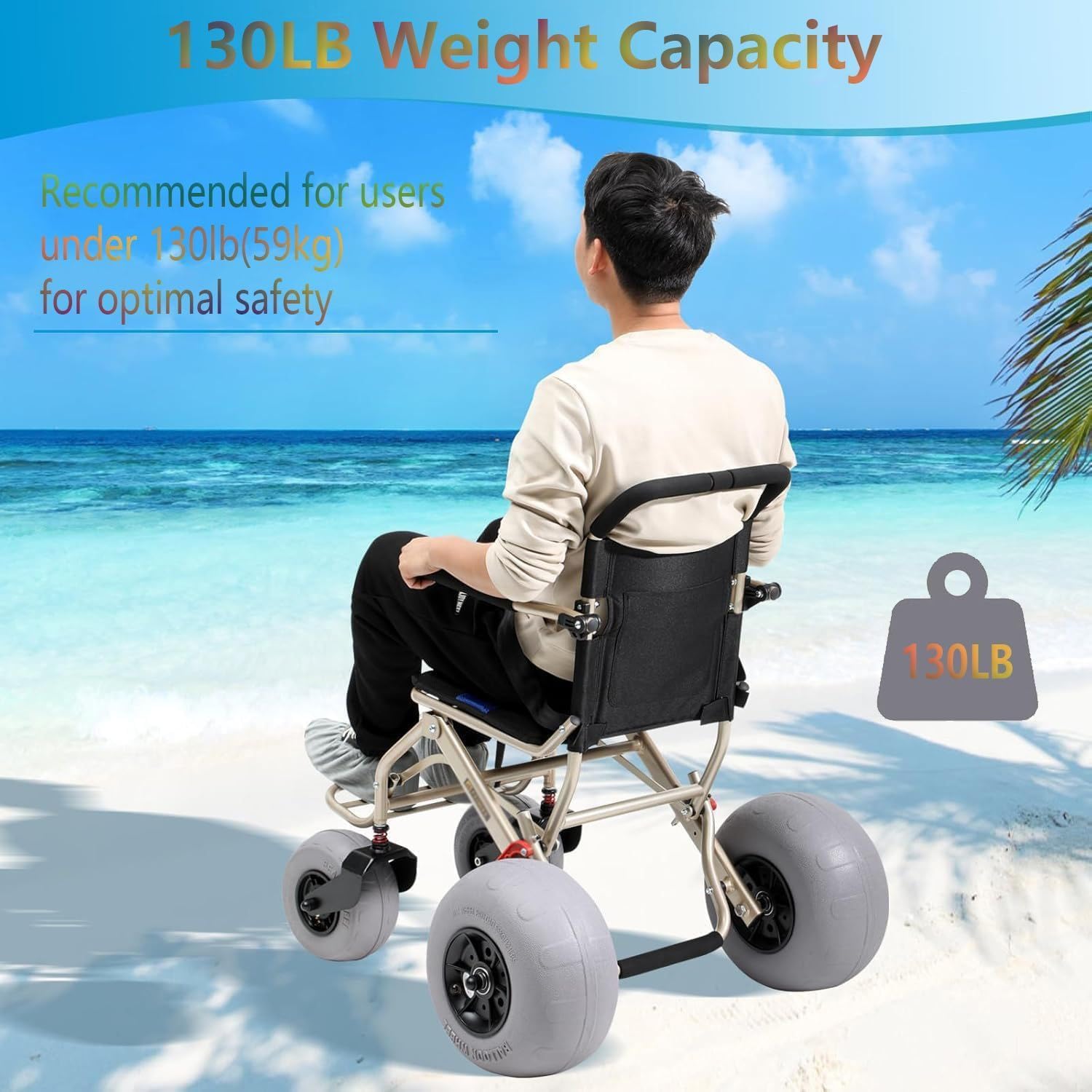 Silla De Ruedas Plegable para Playa, Silla De Ruedas Ligera para Personas Mayores Y Niños, Silla De Ruedas Todoterreno, con Neumáticos Anchos De 12" Y 9", Capacidad De 130 Libras para
