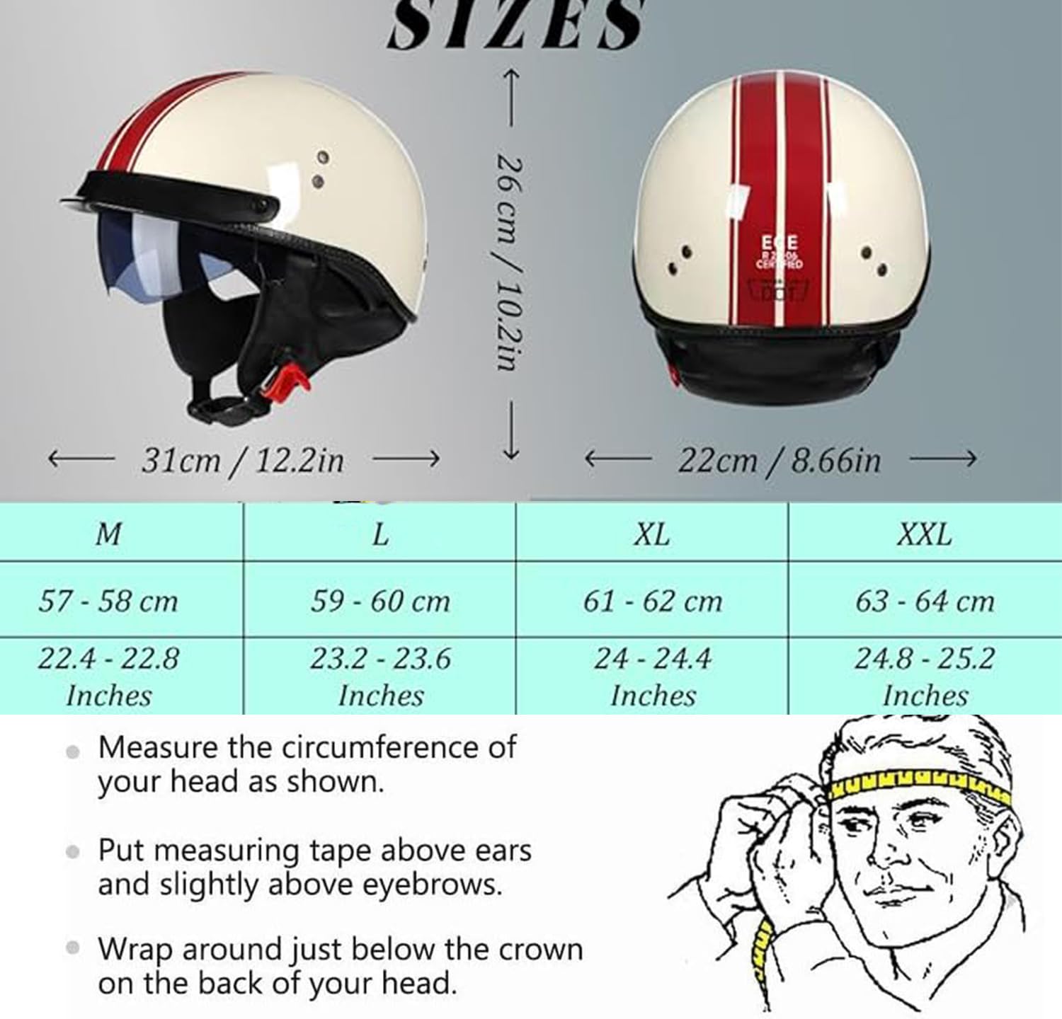 Halbschalenhelm Mit ECE Zulassungiber Brain-Cap Halbschale Jethelm Rollerhelm Scooter-Helm Retro Half Helm mit Built-in Visier für Cruiser Chopper Biker Moped DOT/ECE-Zulassung