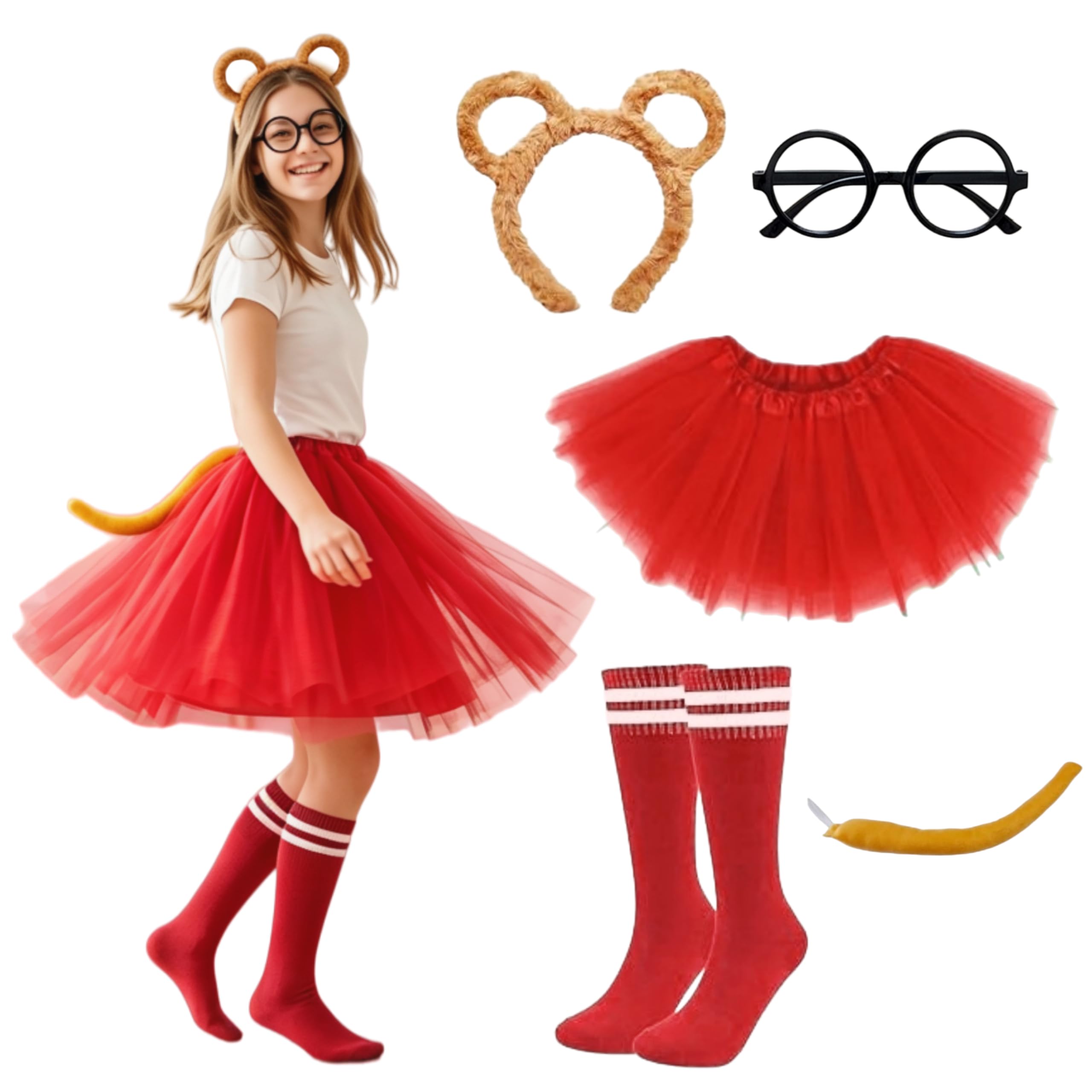 Arglfty 5 Pcs Chipmunks Costumes Set, Cute Cosplay Outfit With Chipmunk Ears Headband, Round Glasses, Tutu Skirt, Striped Knee Socks & Plush Tail For Halloween, Carnival, World Book Day (red)