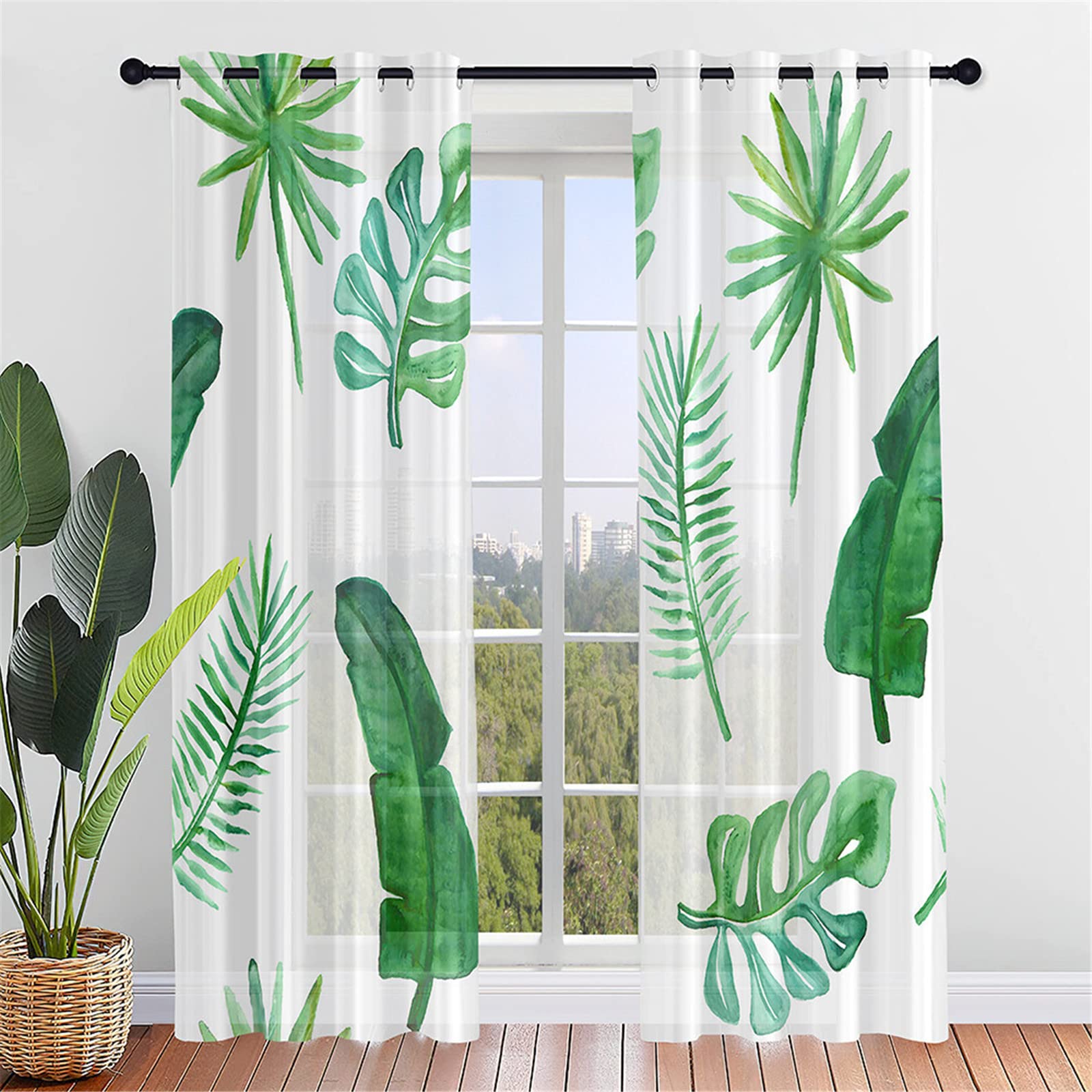 Hiseng Voile Curtains for Bedroom 2 Panels, Plant Print Sheer Curtains Eyelets Curtains Translucent Window Screen Door Drapes for Living Room Balcony Home Decorative (55x95cm,Leaves Tropical)