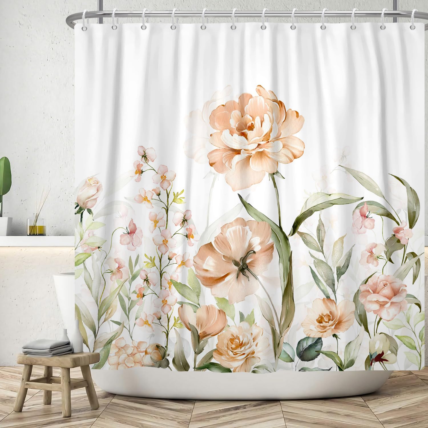ASDCXZ Flower Shower Curtain 180x240 cm, Spring Hand Painted Rose Flower Green Leaves White Bath Washable Shower Curtains Polyester Textile Waterproof Bath Curtain for Bathtub with 12 Hooks — image 1