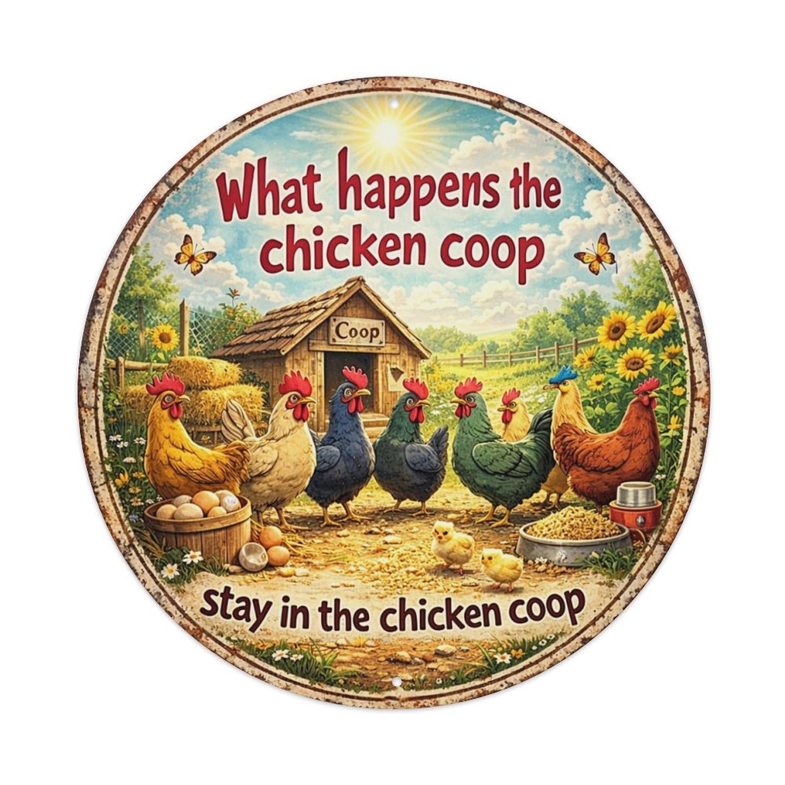 What Happens The Chicken Coop Tin Sign Metal Poster Vintage Metal Signs for Home Man Cave Bar Cafe Kitchen laundry room Wall Decorations 8x8 inches