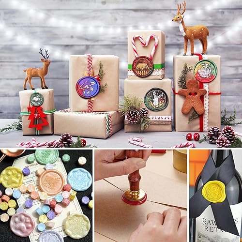 Miniatura 7 de Kit de sellado de cera con caja de regalo, 40 varillas de cera de sellado con pistola de pegamento, moldes de sellado de cera, soporte para pistola