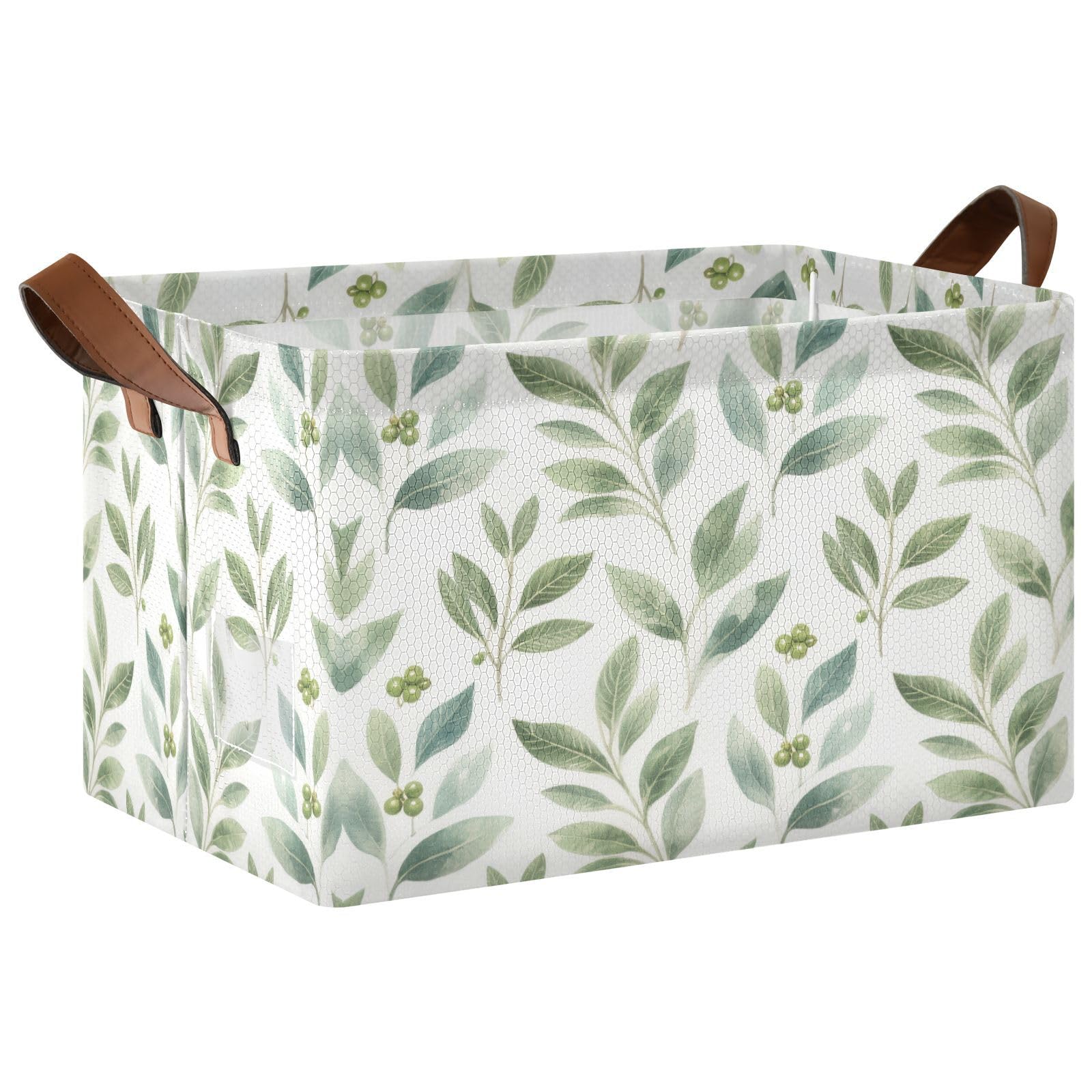 Cgiub Green Leaves Storage Basket Waterproof Foldable Storage Bin Baby Laundry Basket Closet Organiser for Nursery Decor Home Organizing