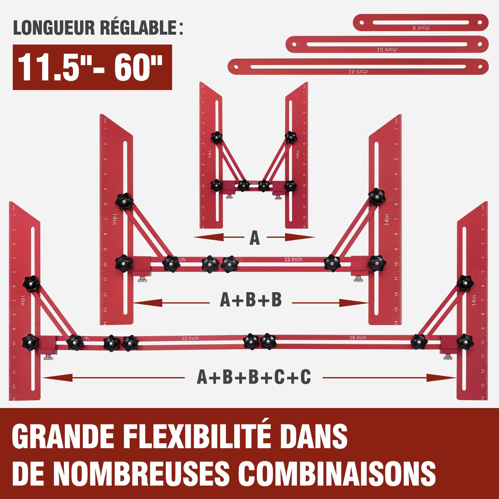 Outil de Gabarit de Marche D'escalier, Outil Mesure D'escalier avec Barre Support Auxiliaire et Sac Rangement, pour Supports D'escalier Cloisons (Longueur Réglable 10,5 à 60,5 in)