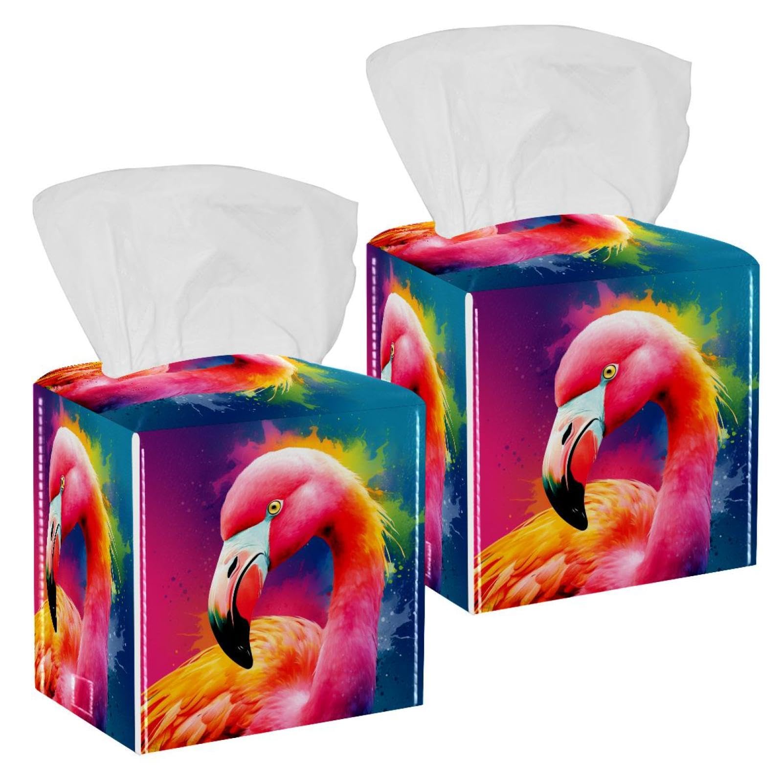 Flamingo Tissue Box Cover, 2 Pack PU Leather Square Facial Tissue Dispenser Box holder for Home Office Car
