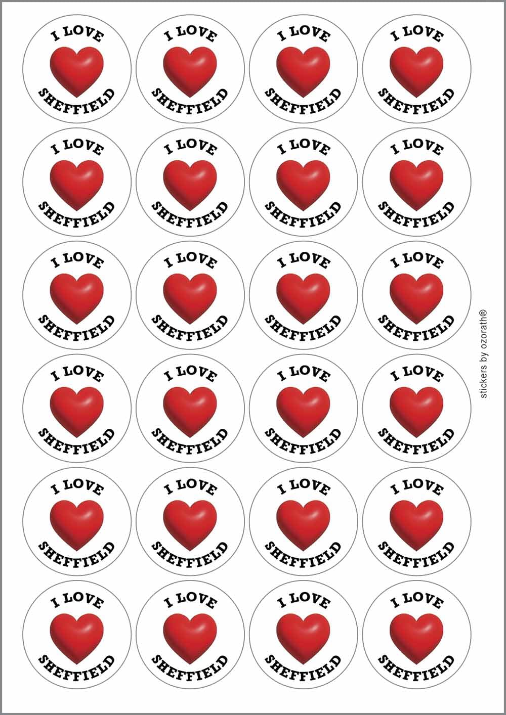 I Heart Love Sheffield Location Circular Matt Paper Stickers A4 Sheet of 24 (Each Sticker is 45mm Diameter)