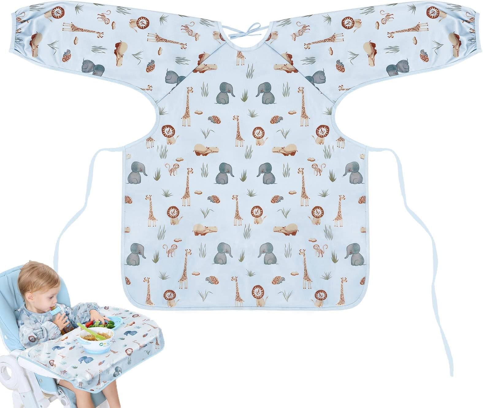 Vicloon Coverall Baby Feeding Bib, Weaning Bib Attaches to Highchair and Table, Long Sleeves Bib with Waterproof, Comfortable,Machine Washable, Baby Bib For 6 Month to 3 Years Old (Blue)
