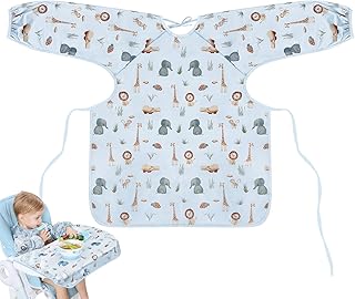 Vicloon Coverall Baby Feeding Bib, Weaning Bib Attaches to Highchair and Table, Long Sleeves Bib with Waterproof, Comfortable,Machine Washable, Baby Bib For 6 Month to 3 Years Old (Blue)